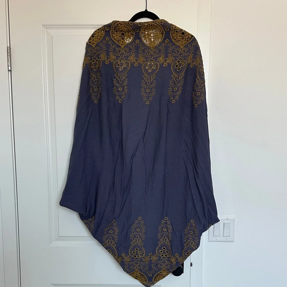 Free People Navy Blue and Gold Embroidered Wrap Scarf
